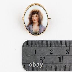 Antique Victorian Pointillist Miniature Hand Painted Porcelain Portrait Brooch