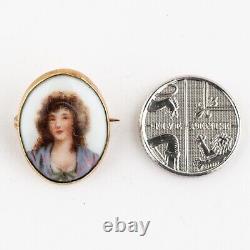 Antique Victorian Pointillist Miniature Hand Painted Porcelain Portrait Brooch