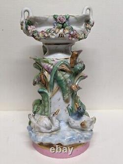 Antique Victorian Porcelain Centerpiece Bowl Vase with ducks & swans marked ML