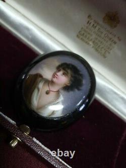 Antique Victorian Porcelain and Jet Brooch Hand Painted Portrait Of A Lady