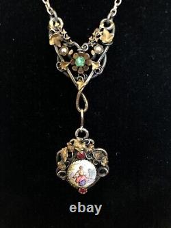 Antique Vienna Hand Painted Porcelain & Gem Set Part Gilt Double Drop Y Necklace
