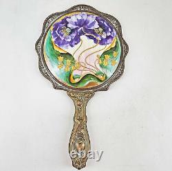 Antique Vintage ART NOUVEAU repousse hand painted porcelain hand mirror