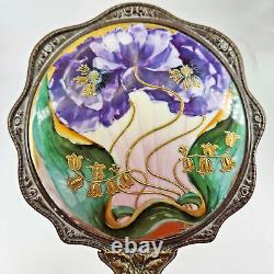 Antique Vintage ART NOUVEAU repousse hand painted porcelain hand mirror