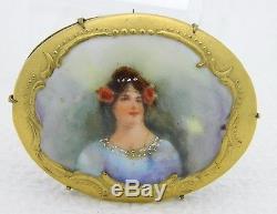 Antique Vintage Gold Tone Hand Painted Porcelain Art Nouveau Lady Brooch Pin