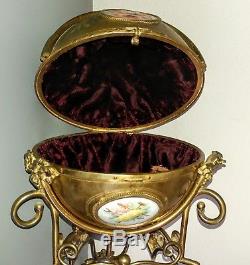 Antique Vintage hinged round ormolu Jewelry Casket with hand painted porcelain