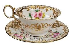 Antique Wedgwood Hand Painted Roses Heavy Gold Porcelain Tea Cup and Saucer