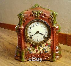 Antique Working Ansonia Amara Porcelain Mantle Clock, Fancy Hand Painted Dial