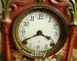 Antique Working Ansonia Amara Porcelain Mantle Clock, Fancy Hand Painted Dial