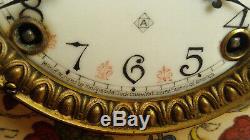 Antique Working Ansonia Amara Porcelain Mantle Clock, Fancy Hand Painted Dial