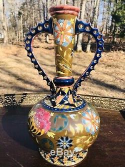 Antique Zsolnay Pecs Hungary Porcelain Hand Painted Reticulated Vase 11 1/2