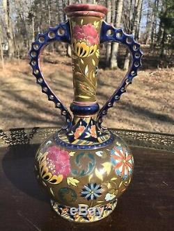 Antique Zsolnay Pecs Hungary Porcelain Hand Painted Reticulated Vase 11 1/2