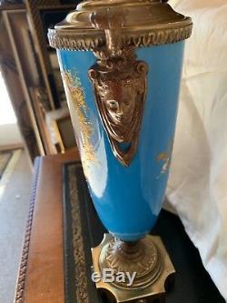 Antique pair sevres style lidded hand painted porcelain urn
