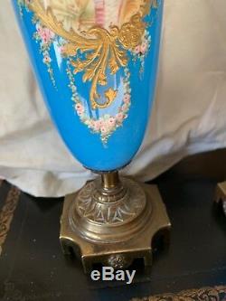 Antique pair sevres style lidded hand painted porcelain urn