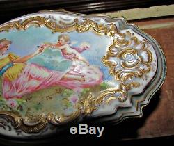 Antique sevres hand painted scalloped box bronze mount woman cupid flowers gold