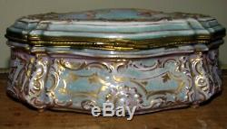 Antique sevres hand painted scalloped box bronze mount woman cupid flowers gold