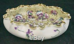 Art Nouveau Nippon Porcelain Ornate Jewel Gold Hand Painted Violets Ruffled Bowl