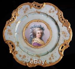 Austrian Marie Maria Antoinette Hand Painted Porcelain Portrait Plate Gold Roses