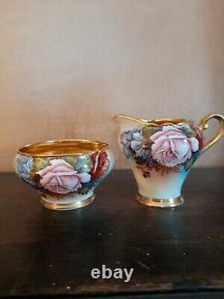 Aynsley Cabbage Rose Small Milk Jug & Sugar Bowl. J A Bailey. Gold lustre. 1934