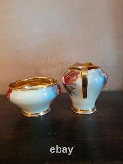 Aynsley Cabbage Rose Small Milk Jug & Sugar Bowl. J A Bailey. Gold lustre. 1934