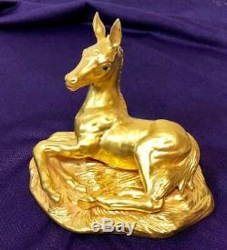 BOEHM PORCELAIN COLT FIGURINE HAND-PAINTED IN PURE GOLD WithEMERALD EYES