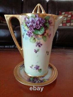 Bavaria Chocolate Tea Pot & Limoges Trivet, Handpainted Violets, Schindler