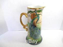 Beautiful 1915 Large Limoges Porcelain Hand Painted Peacock Pitcher JPL Signed