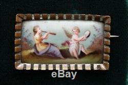 Beautiful Antique German Hand Painted Porcelain Cherub Angel Brooch Pin