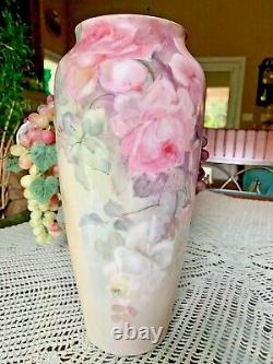 Beautiful PL Limoges Large Hand Painted Roses Vase 13.5 inches signed H Lukes