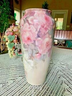 Beautiful PL Limoges Large Hand Painted Roses Vase 13.5 inches signed H Lukes