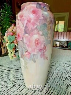 Beautiful PL Limoges Large Hand Painted Roses Vase 13.5 inches signed H Lukes
