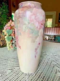 Beautiful PL Limoges Large Hand Painted Roses Vase 13.5 inches signed H Lukes