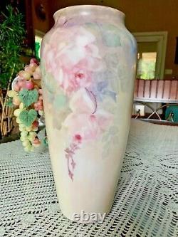 Beautiful PL Limoges Large Hand Painted Roses Vase 13.5 inches signed H Lukes