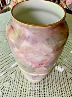 Beautiful PL Limoges Large Hand Painted Roses Vase 13.5 inches signed H Lukes