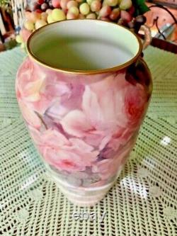 Beautiful PL Limoges Large Hand Painted Roses Vase 13.5 inches signed H Lukes