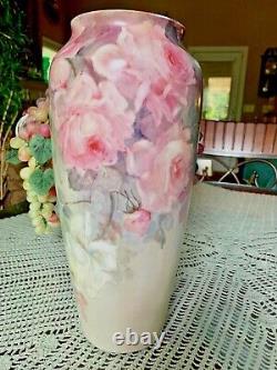 Beautiful PL Limoges Large Hand Painted Roses Vase 13.5 inches signed H Lukes