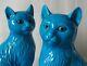 Beautiful Pair Of Vintage Blue Glazed Chinese Porcelain Cat Figurines Signed
