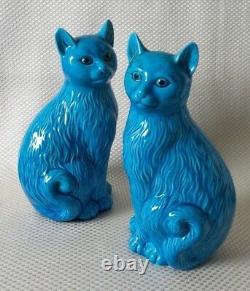 Beautiful Pair of Vintage Blue Glazed Chinese Porcelain Cat Figurines Signed