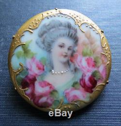 Beautiful Victorian Hand Painted Woman & Roses Porcelain Brooch Pin Antique