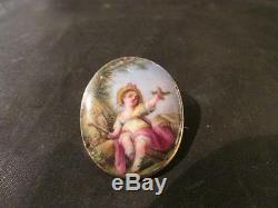 Beautiful Victorian Rare 9ct Gold, Hand Painted Porcelain Child & Bird Brooch