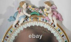 Beautiful Vintage Porcelain Cherub Mirror Hand Painted Floral after Meissen