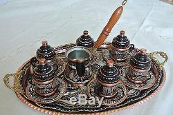 Big Turkish COFFEE Set HAND PAINTED Copper Mugs Cezve Tray Porcelain Cup SILVER