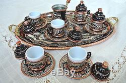 Big Turkish COFFEE Set HAND PAINTED Copper Mugs Cezve Tray Porcelain Cup SILVER