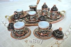 Big Turkish COFFEE Set HAND PAINTED Copper Mugs Cezve Tray Porcelain Cup SILVER