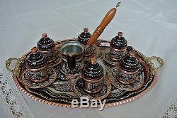 Big Turkish COFFEE Set HAND PAINTED Copper Mugs Cezve Tray Porcelain Cup SILVER