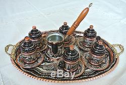 Big Turkish COFFEE Set HAND PAINTED Copper Mugs Cezve Tray Porcelain Cup SILVER