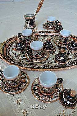 Big Turkish COFFEE Set HAND PAINTED Copper Mugs Cezve Tray Porcelain Cup SILVER