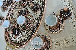 Big Turkish COFFEE Set HAND PAINTED Copper Mugs Cezve Tray Porcelain Cup SILVER