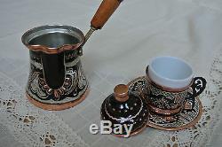 Big Turkish COFFEE Set HAND PAINTED Copper Mugs Cezve Tray Porcelain Cup SILVER