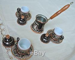 Big Turkish COFFEE Set HAND PAINTED Copper Mugs Cezve Tray Porcelain Cup SILVER