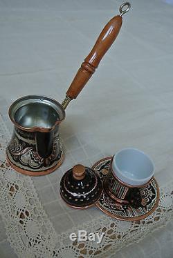 Big Turkish COFFEE Set HAND PAINTED Copper Mugs Cezve Tray Porcelain Cup SILVER